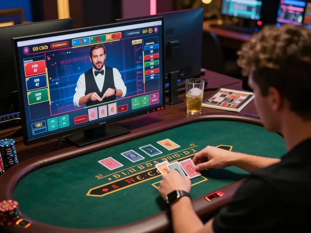 Engaging in a high-stakes blackjack game online with TT88, showcasing strategic gameplay and user focus