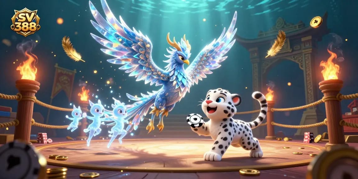 Engage in exciting battles at sv 388 in a vibrant 3D illustration with a phoenix and playful elements.