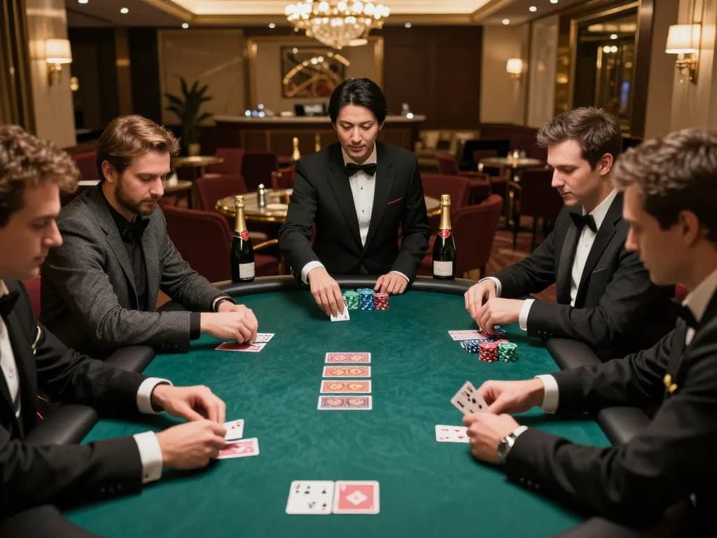 KJC VIP poker game with players strategizing their bets under warm ambient lighting.