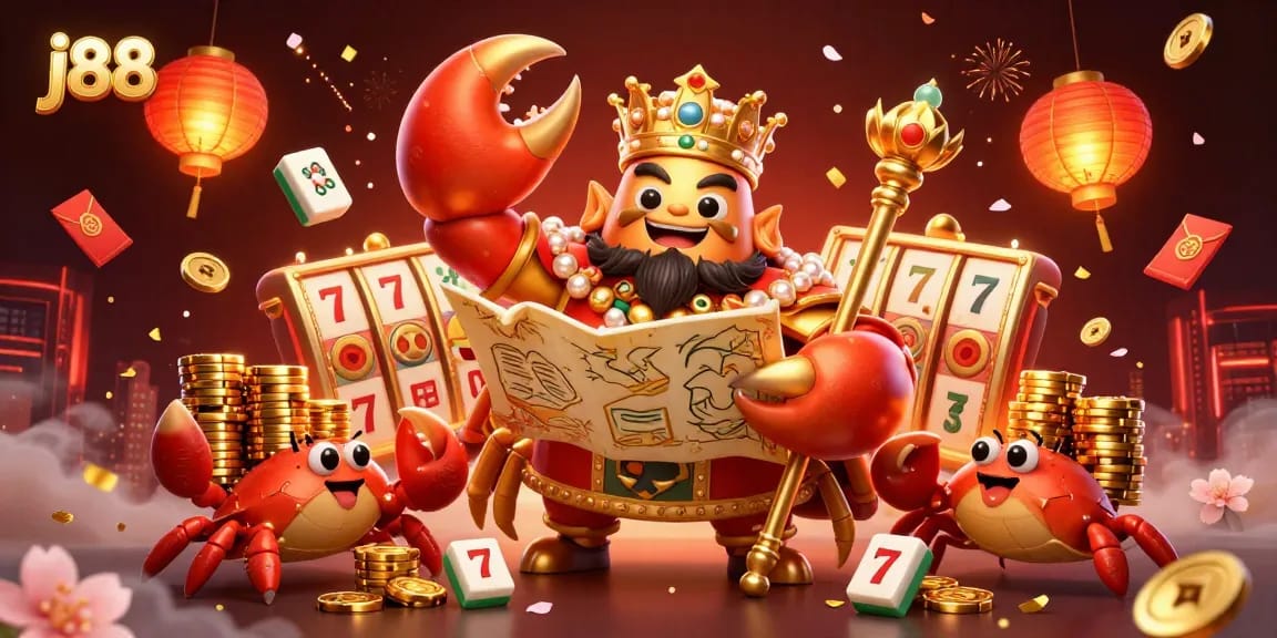 Engage in thrilling j88 casino actions with a dynamic illustration of a golden crab emperor amidst slot reels and festive elements.