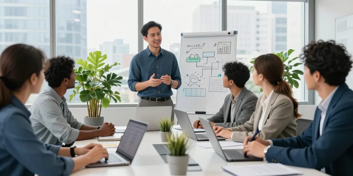 Collaborative team discussing how to buy a small business in a modern office
