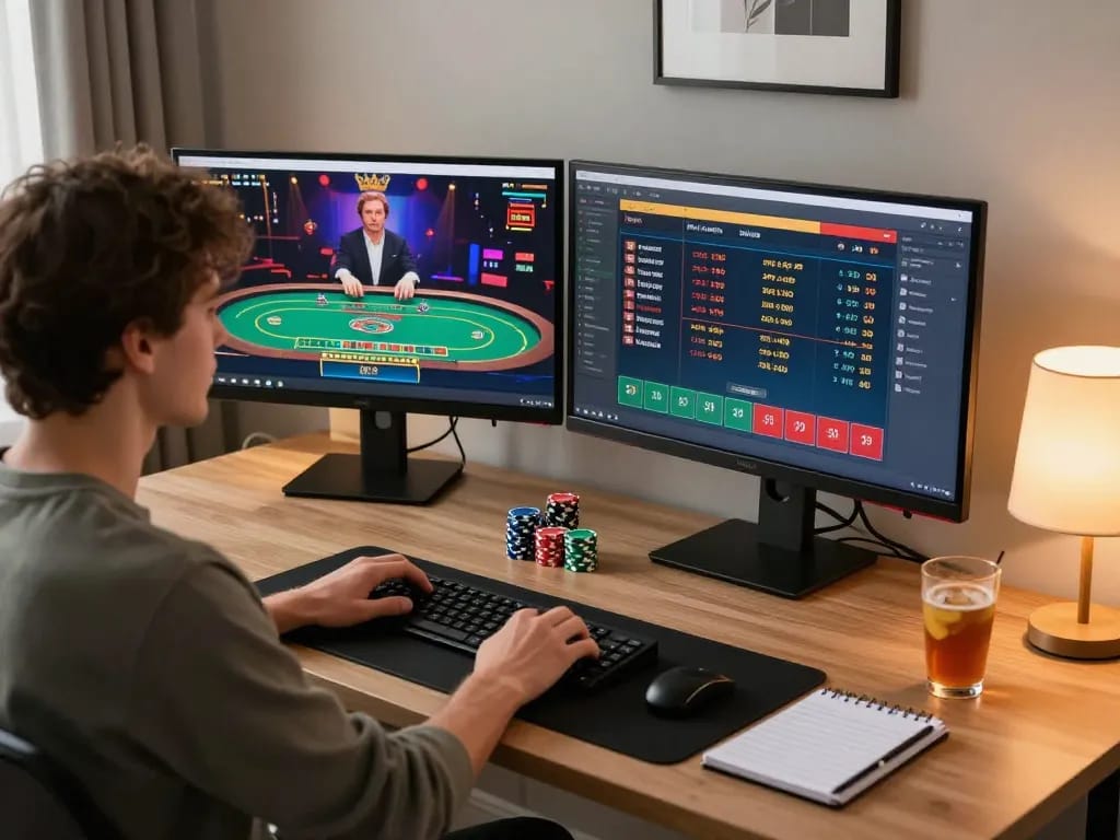 Engaging with TG88 CAM's online casino games at a modern home office gaming setup.