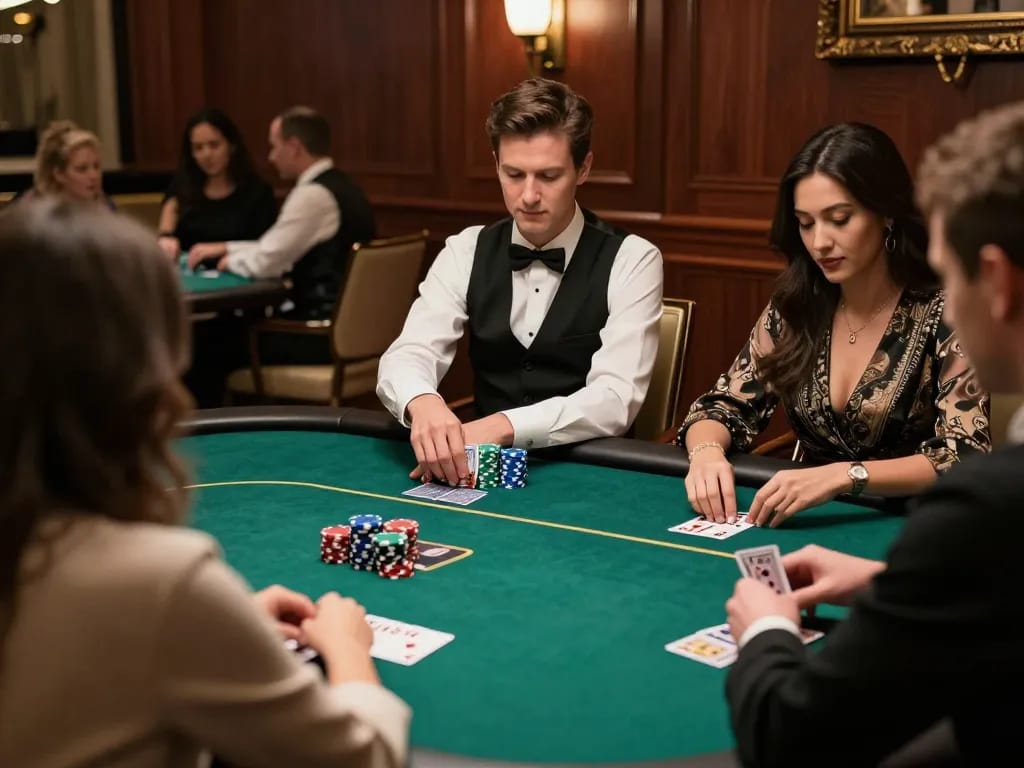 Players engaging in strategic poker gameplay at 100VIP, highlighting excitement and focus in an upscale casino atmosphere.