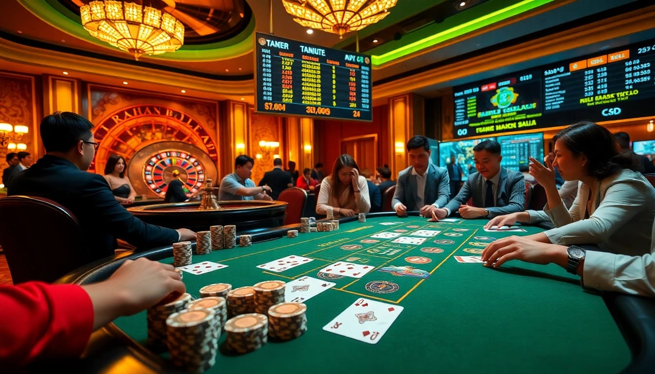 Excited gamblers making strategic Taruhan Bola bets at a luxurious casino table, surrounded by vibrant decor.