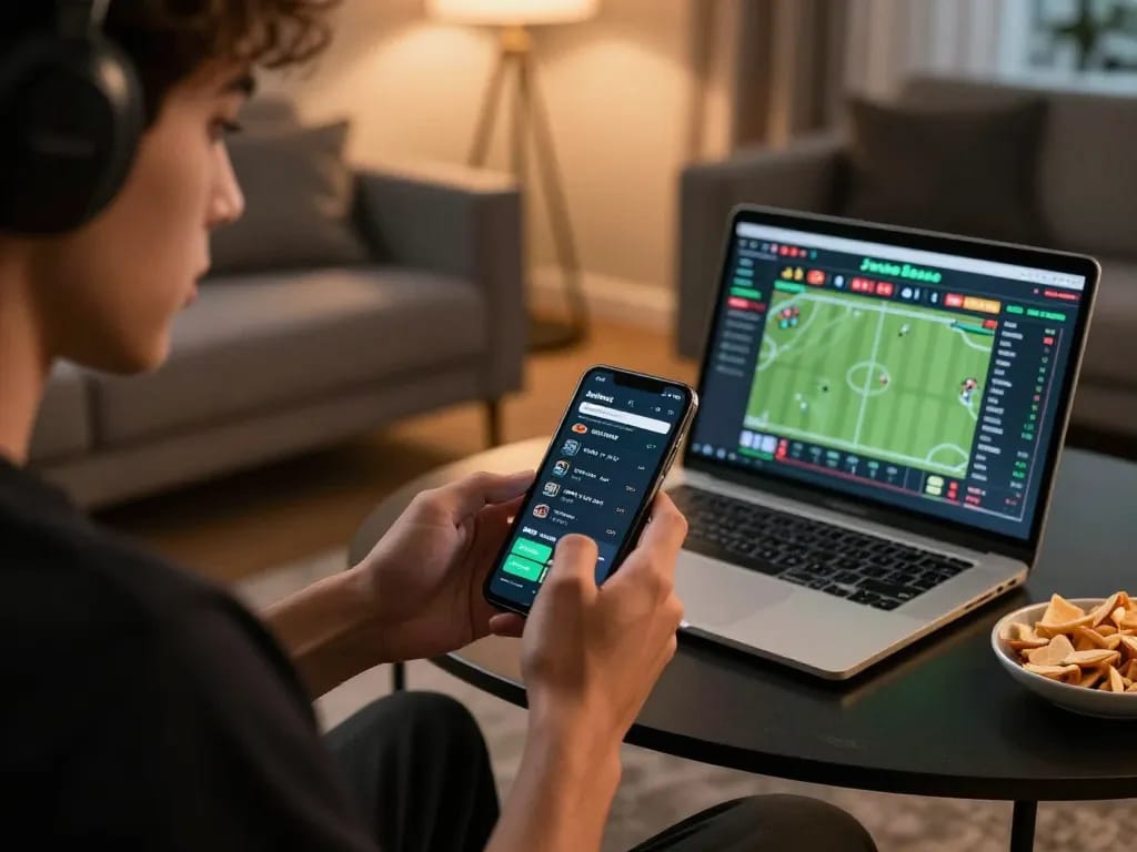 Engaging in sports betting on the Jeetbuzz app from a cozy living room setup