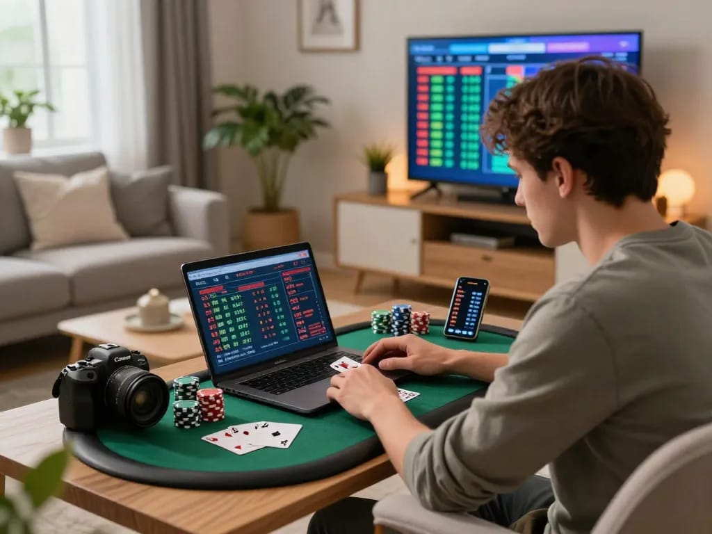 Experience online betting at https://lucky88.tips/ with a cozy home setup, laptop, and live odds display.