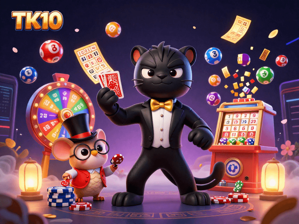 Experience the excitement of TK10's engaging online gambling scene with characters and vibrant gaming elements.