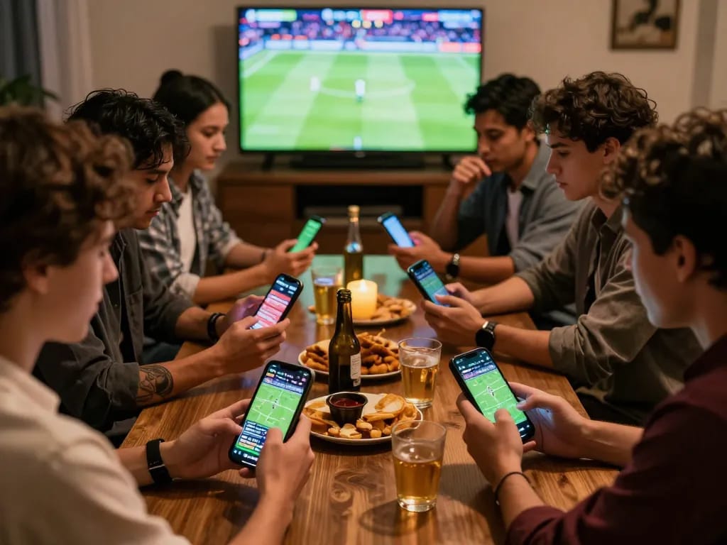 Friends engaging in sports betting using the 88aa bet app during a lively home gathering.