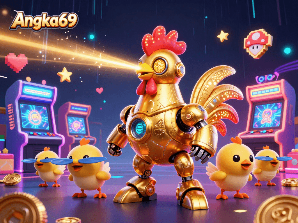 Engage in thrilling gaming action with Angka69's vibrant 3D casino illustration showcasing excitement and futuristic elements.