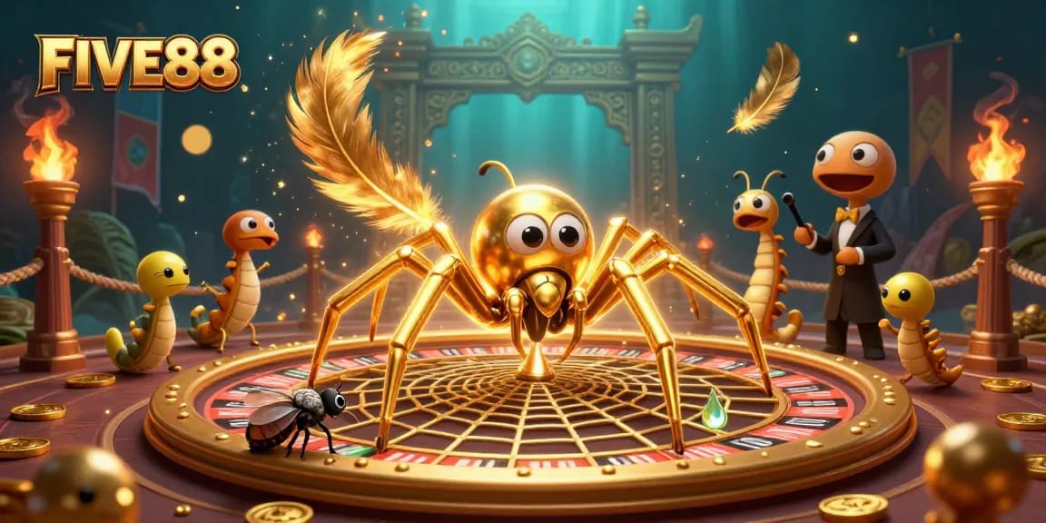 Experience the vibrant gaming scene at FIVE88 with a cartoon spider and engaging characters