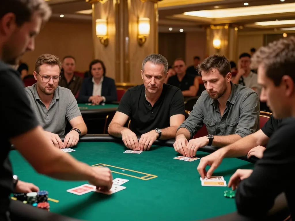 This vivid poker scene showcases players focused on their hands at an FC88 casino game table, illustrating strategic gameplay and competitive atmosphere.