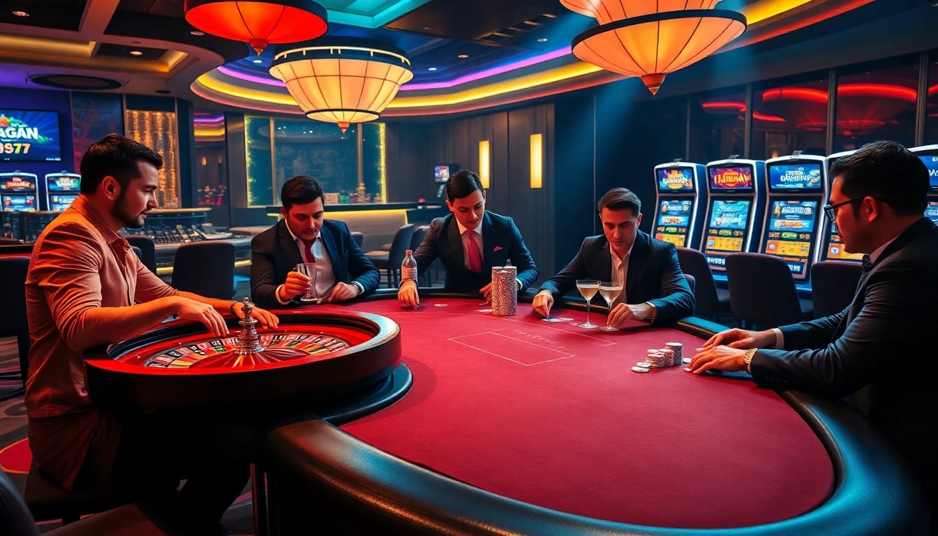 Engage with juragan77 in a vibrant casino scene featuring high-stakes poker and luxury elements.