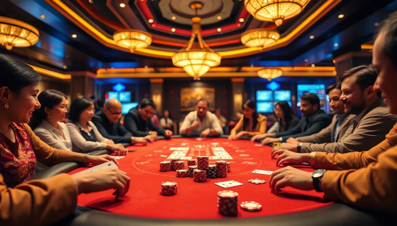 Experience the excitement of y3娱乐 at a lively poker table surrounded by enthusiastic players.