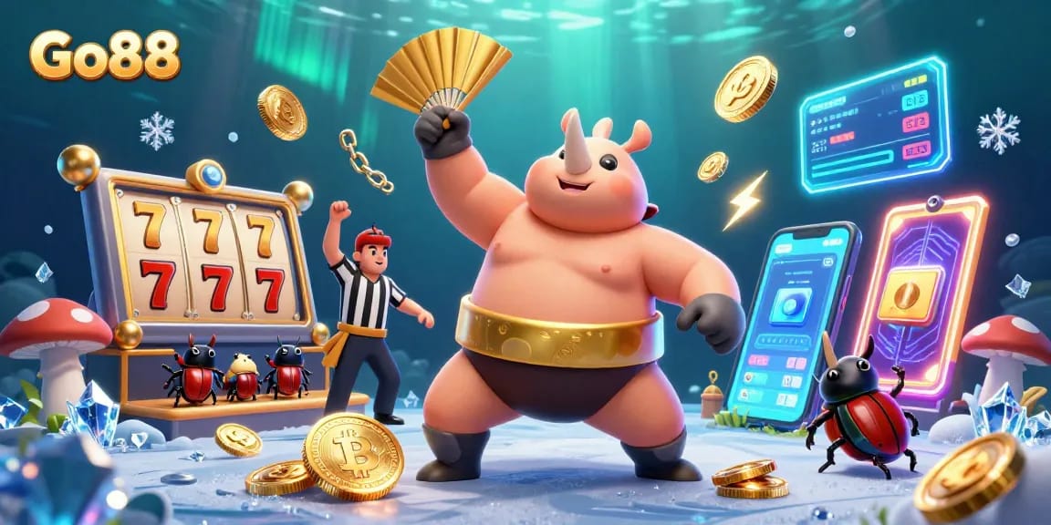 Go88 brings thrilling casino excitement with a dynamic illustration featuring a beetle sumo champion.