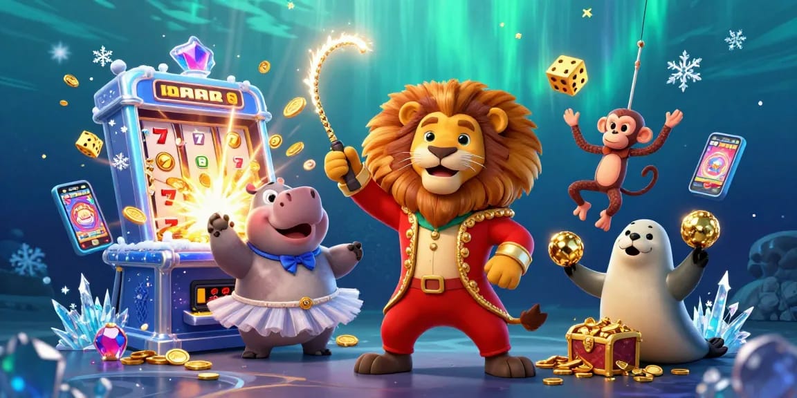 Experience thrilling gameplay with IDNSCORE featuring a vibrant circus scene with charismatic characters and casino elements.