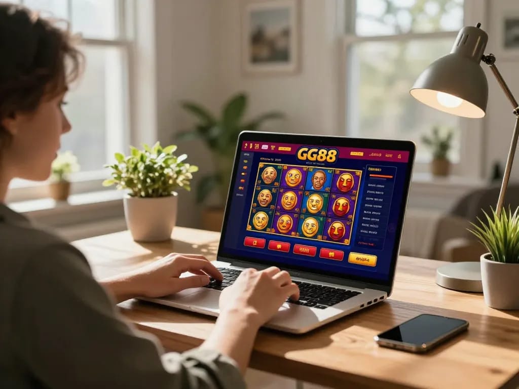 Gamer engaging with the GG88 online casino interface in a stylish home setting.