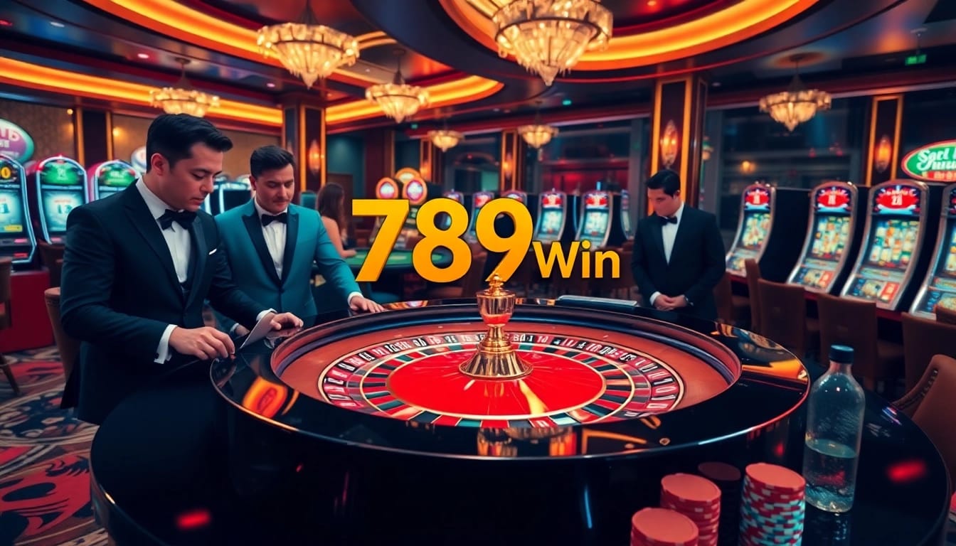 Gamblers at a luxurious casino table celebrating 789 Win with excitement.