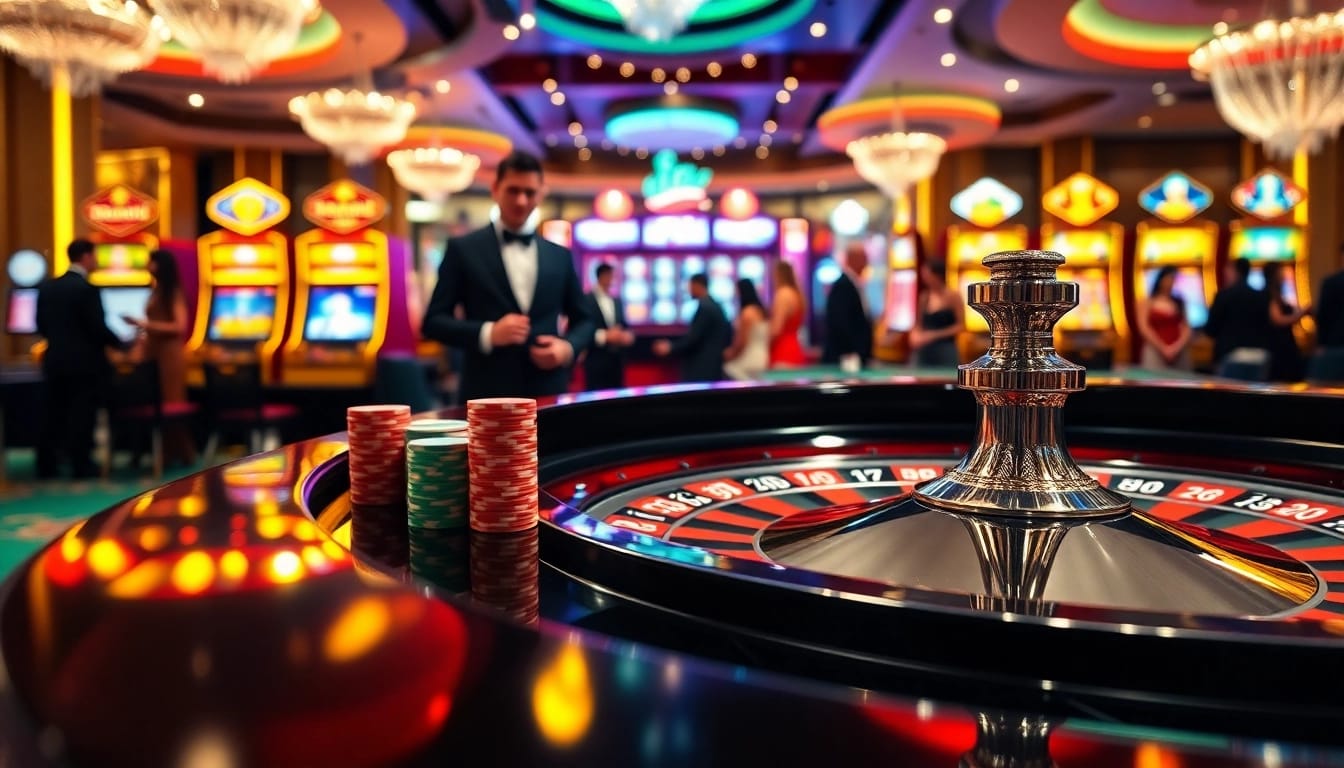 Gambling action at RR88, showcasing a roulette table and excited players in an upscale casino environment.