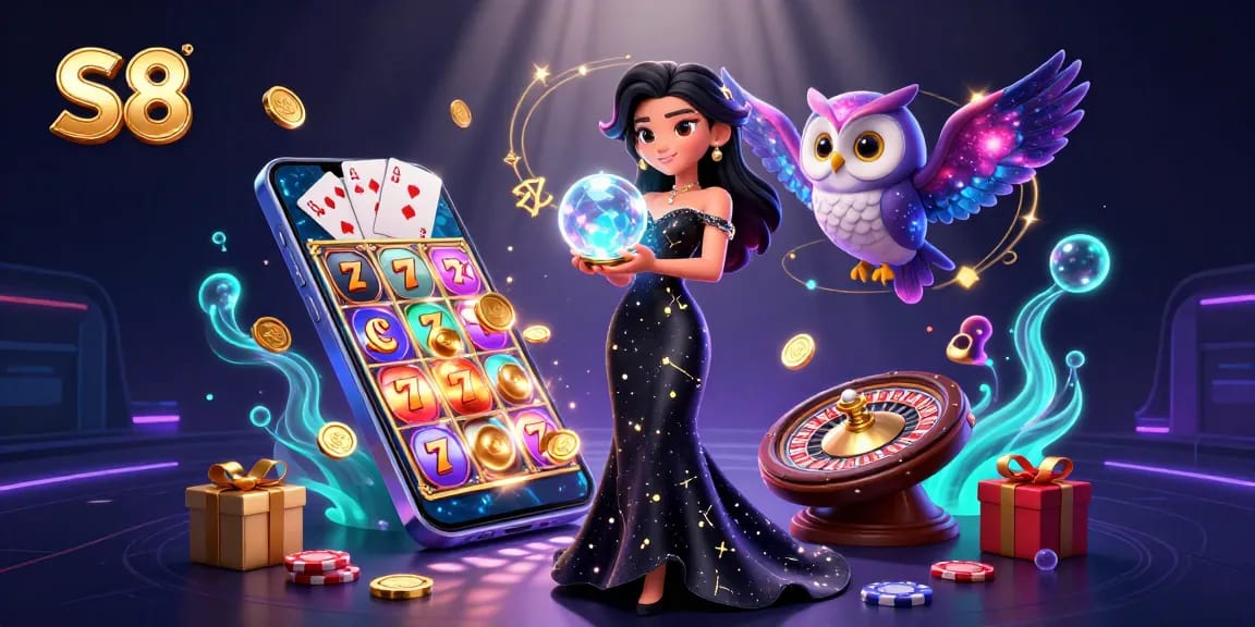 Experience thrilling gameplay at S8's vibrant casino illustration with dynamic characters and games.
