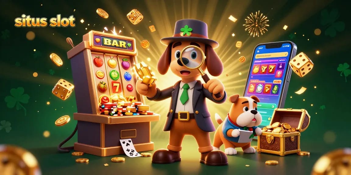 Engage with situs slot through a cartoon detective scene packed with slot gaming excitement.