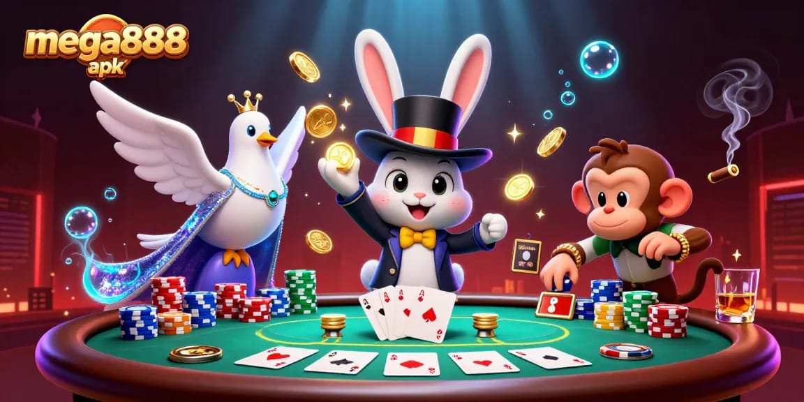 Experience winning with mega888 apk as a magician rabbit pulls coins and poker chips in an exciting casino scene.