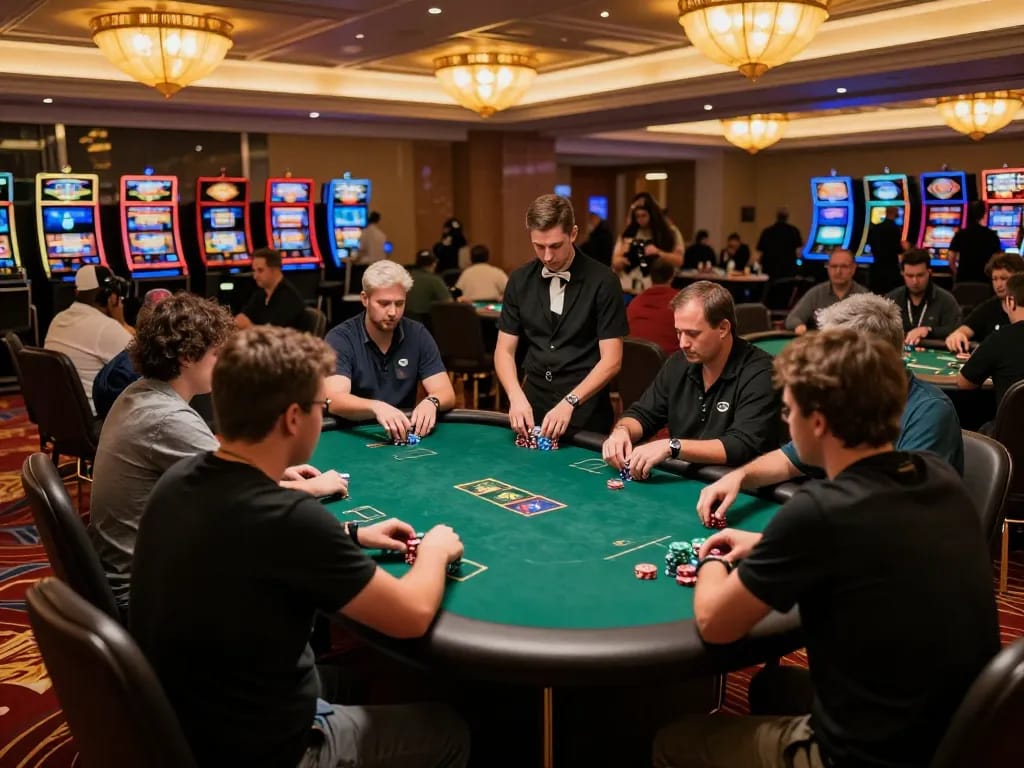 Pragmatic strategies unfold at an upscale casino poker game with focused players and vibrant gameplay.