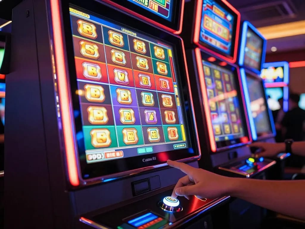 Player engaging in thrilling kdslots gameplay at a colorful casino slot machine