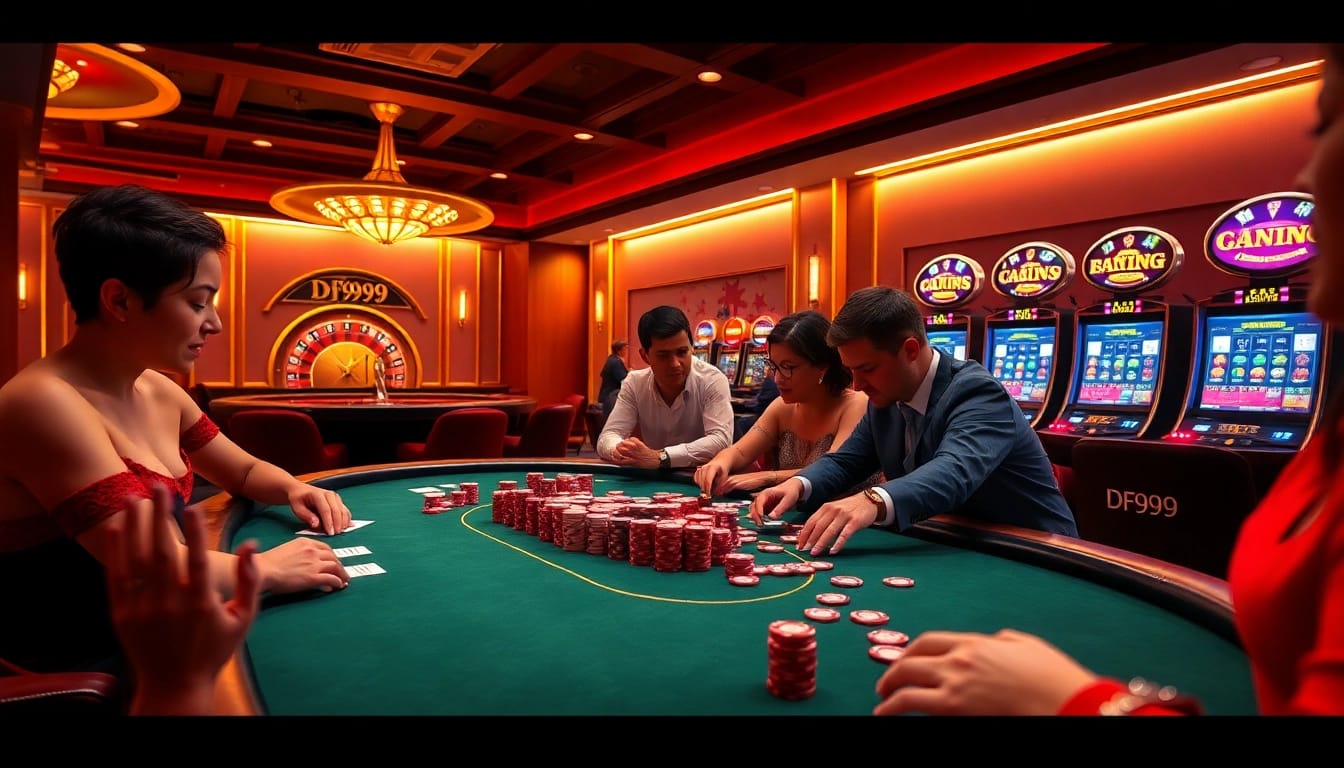 Engaged players at DF999 casino's poker table, showcasing excitement and high-stakes action.