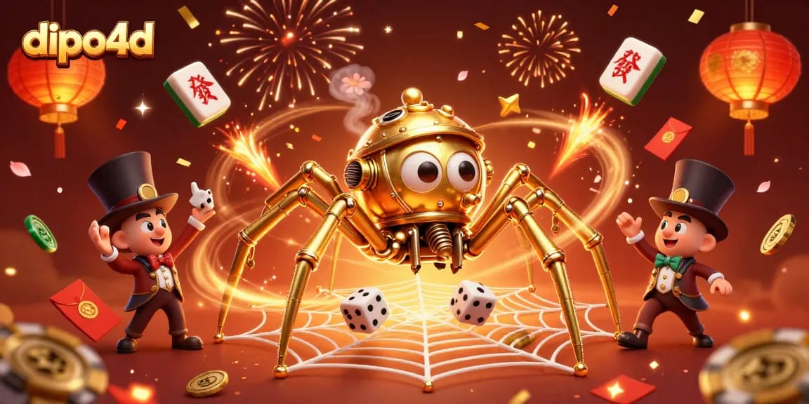 Dive into the dipo4d gaming universe with a whimsical illustration showcasing a steampunk spider and cheerful fly.
