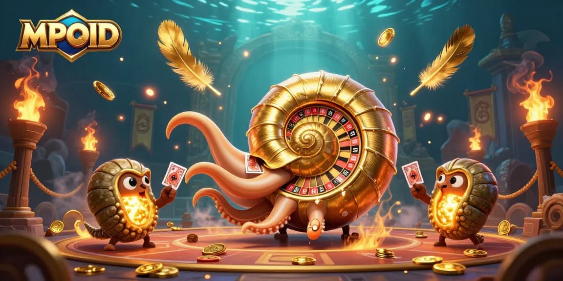 Experience max wins with MPOID's vibrant 3D casino illustration featuring a giant nautilus and glowing ammonite companions.