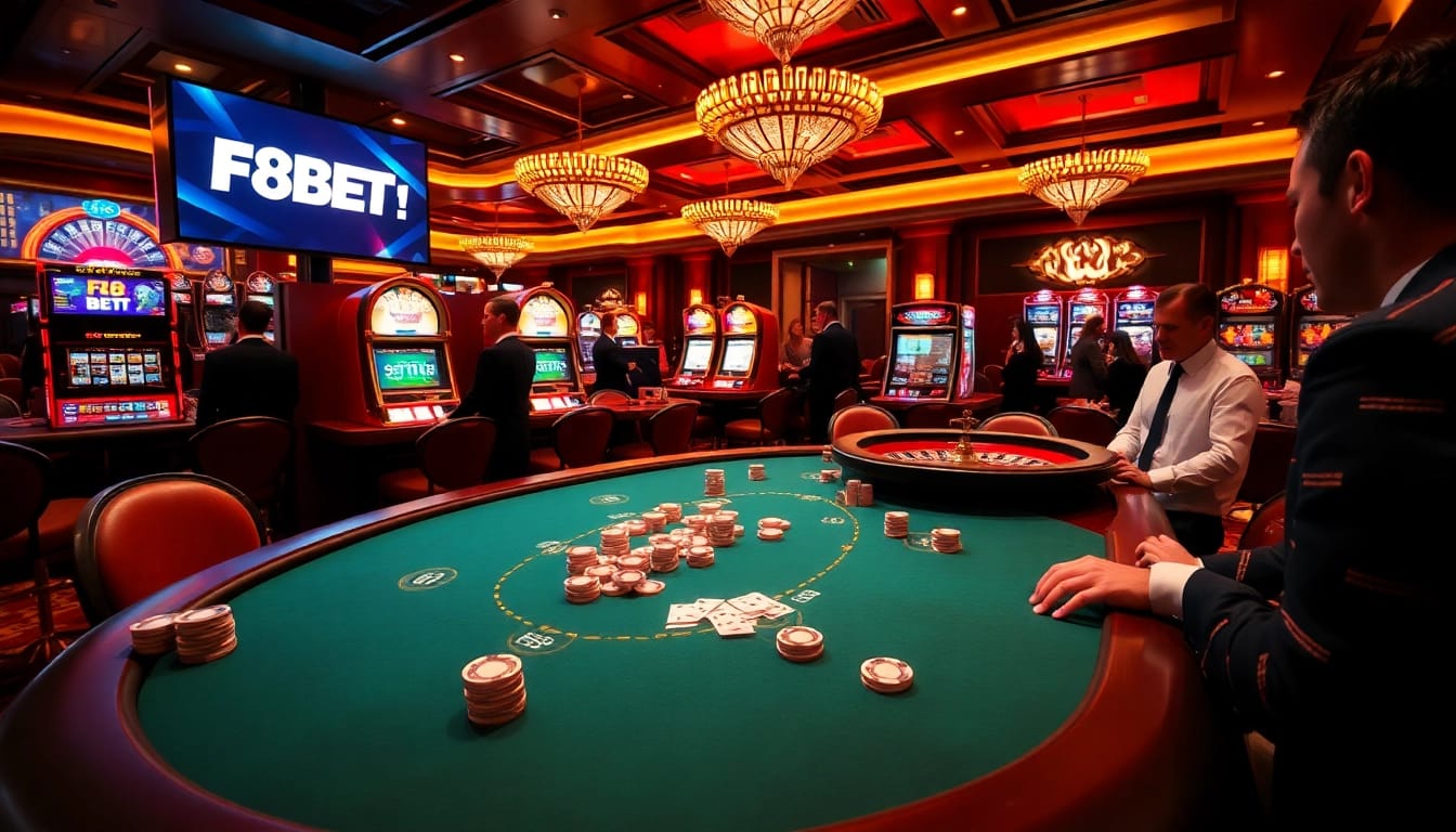 F8BET offers an exhilarating casino experience with luxurious gaming tables and vibrant slot machines.