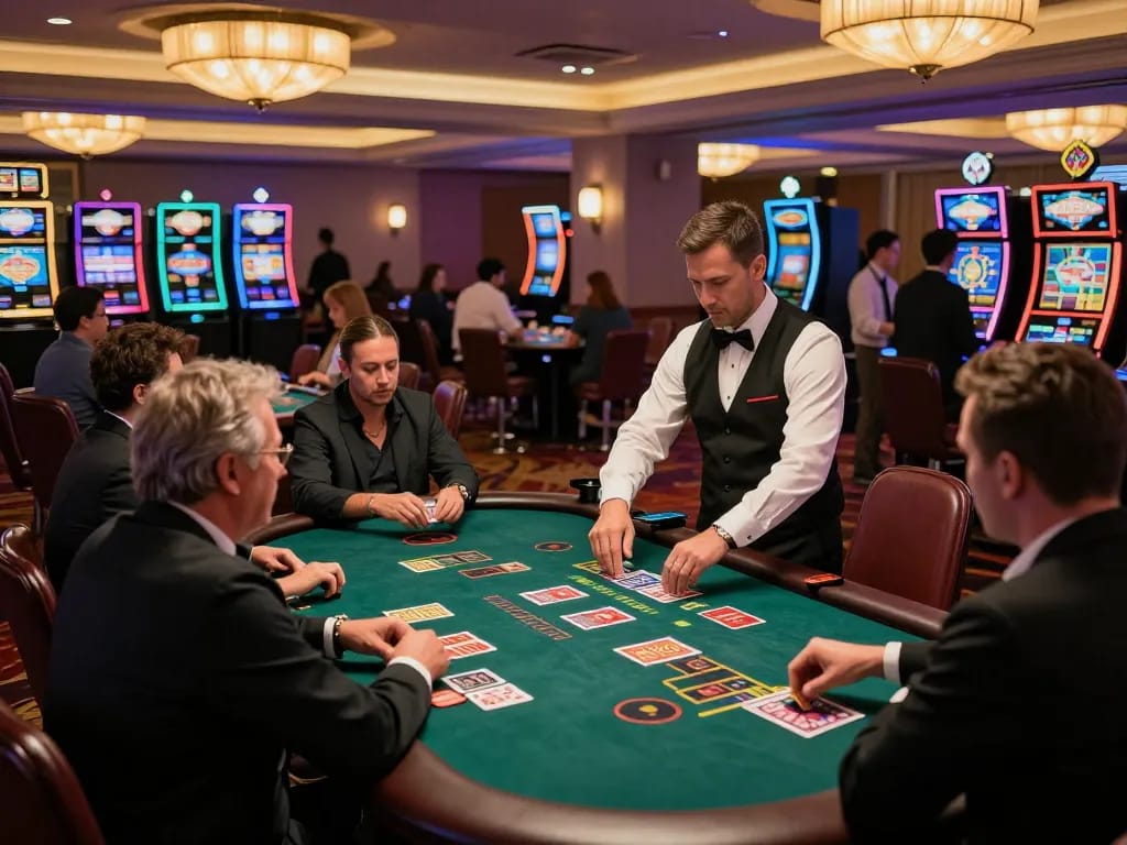 Players focusing on their blackjack cards at a lively MB66 casino, vibrant lighting creating an exciting atmosphere, strategic gameplay unfolding