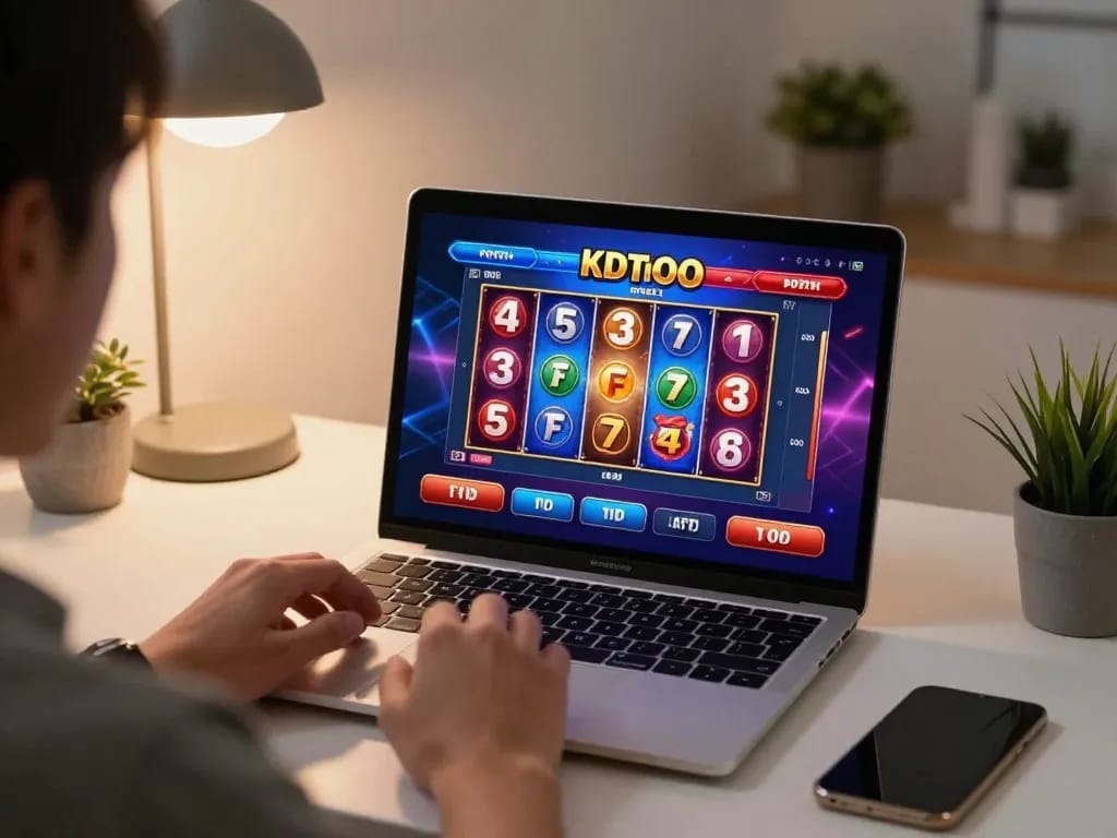 KDTOTO online gaming session showcasing vibrant slot reels in action on a laptop screen