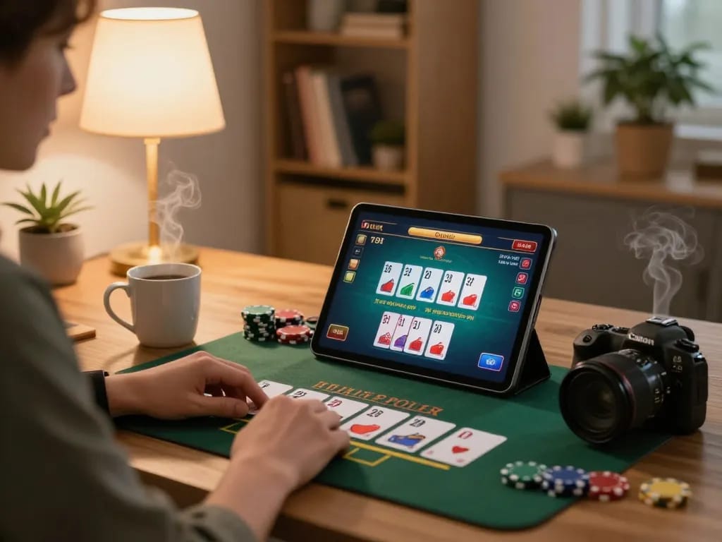 Jun88 player navigating an online blackjack game on tablet at home with strategic focus