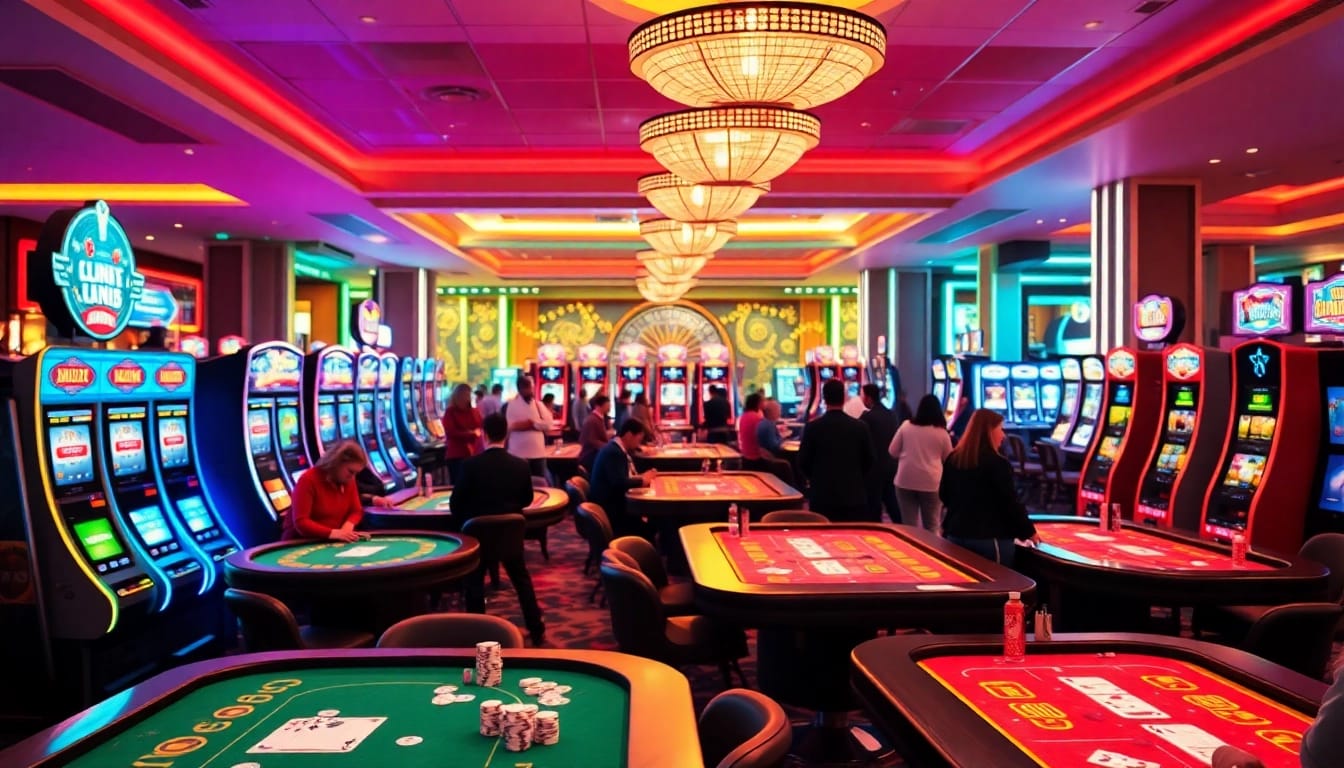 Players enjoying vibrant games at an online casino Malaysia venue filled with bright lights and excitement.