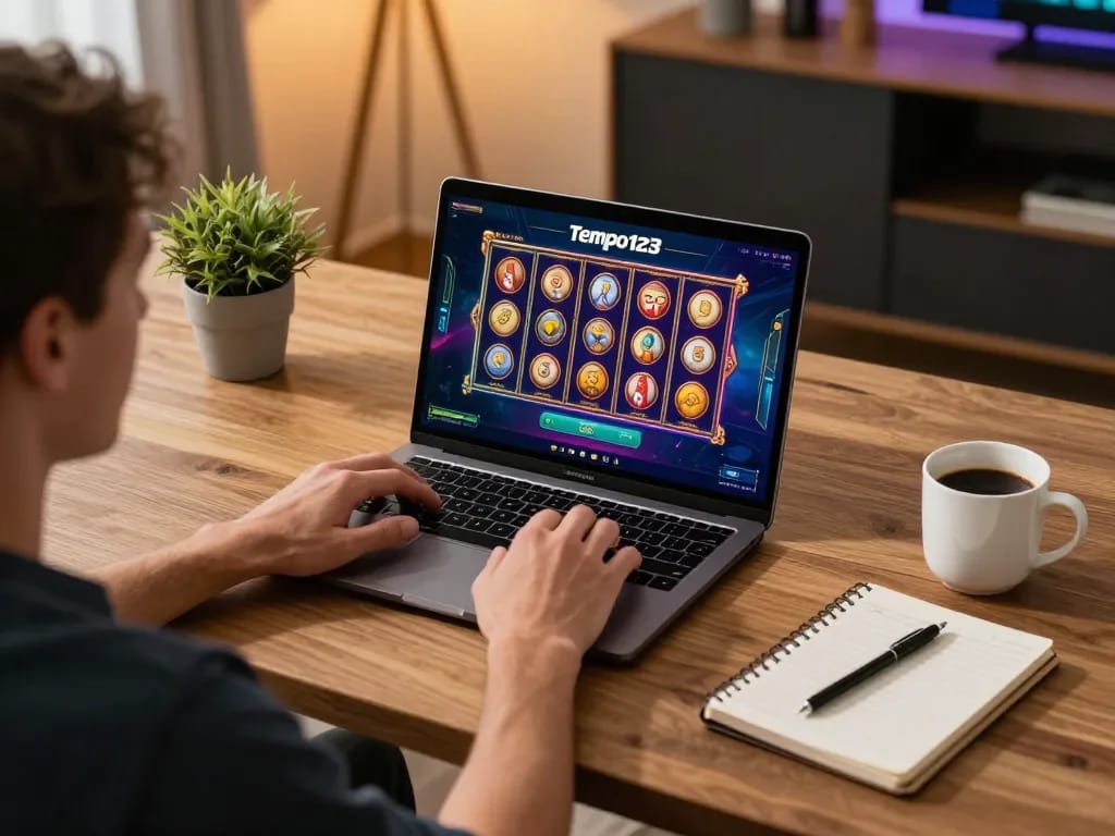 Bergabung dengan Slot Tempo123 di laptop di kantor rumah yang nyaman, menampilkan permainan online