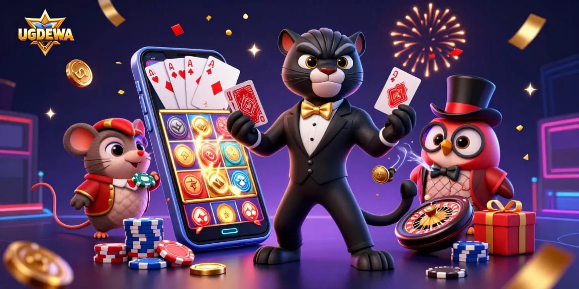 Engaging illustration of UGDEWA showcasing a blackjack table with a tuxedoed panther dealer, owl chip holder, and lucky mouse.