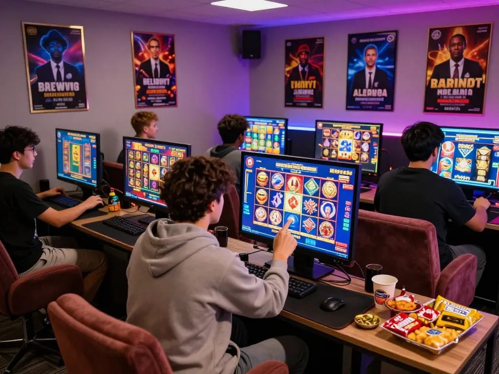 Engaged players enjoying Zeus138 online slot games in a vibrant gaming room.