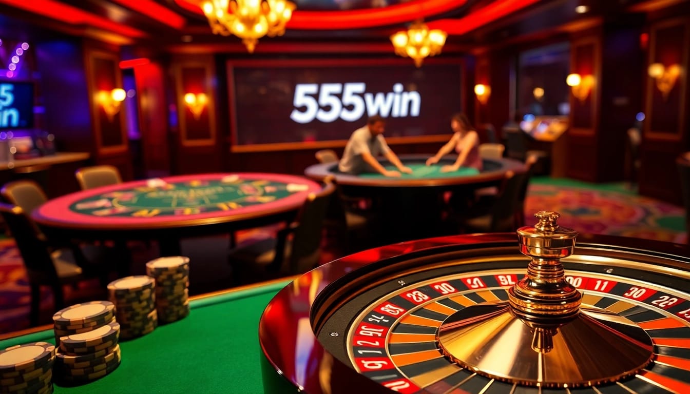 Experience thrilling games at 555win's online casino, featuring vivid roulette, vibrant poker chips, and engaging players.