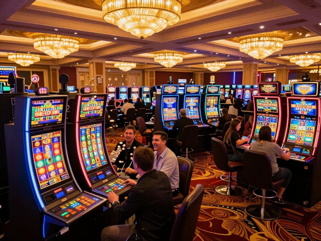 Players enjoying the thrill of sunwin slot machines, celebrating wins amidst a vibrant casino atmosphere.