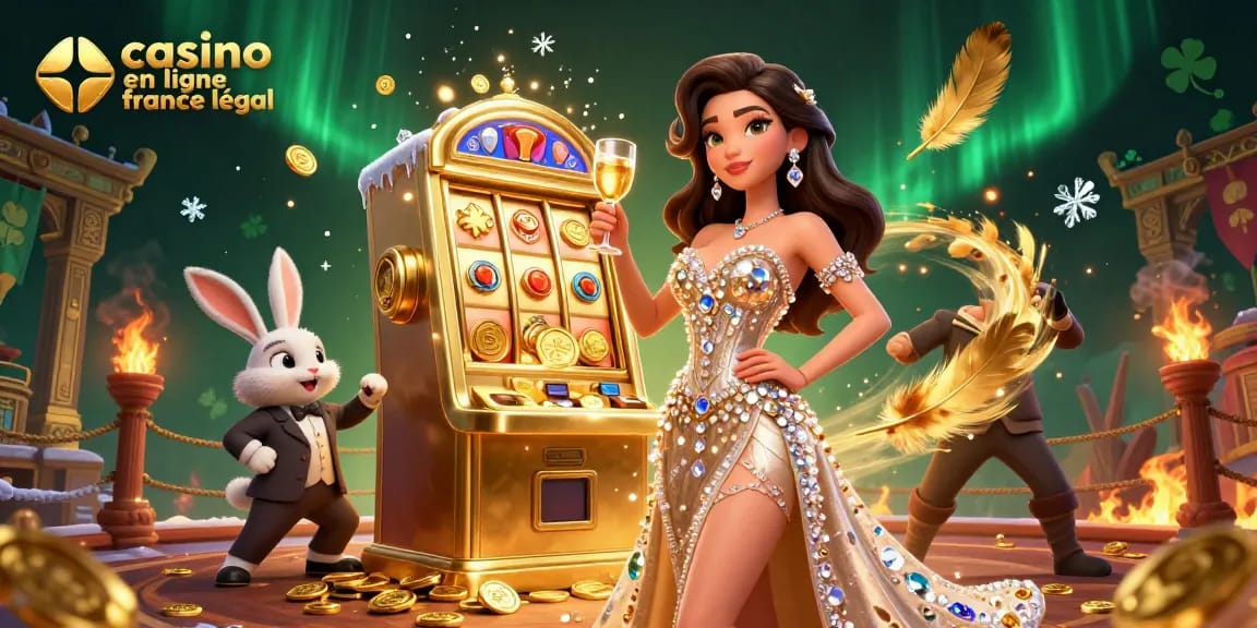 Engaging scene with luxurious elements celebrating casino en ligne france légal, featuring a glamorous woman and jackpot machine.