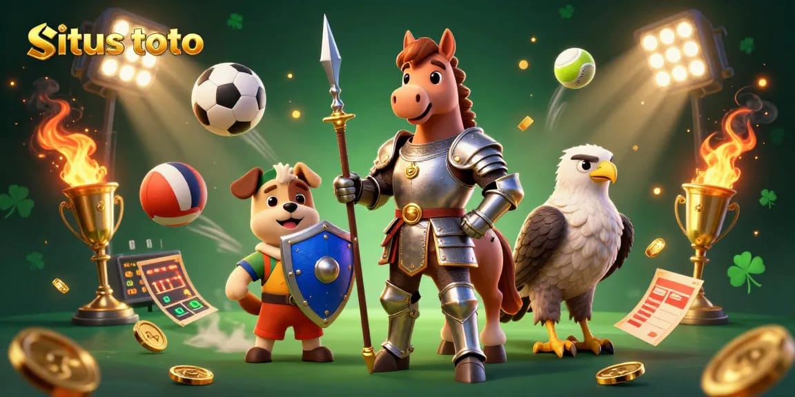 Exciting scene showcasing situs toto with knight, puppy, and falcon among dynamic sports elements.