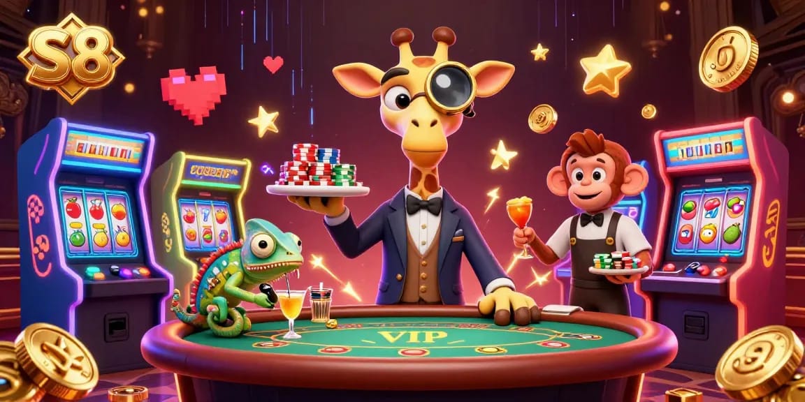 S8 delivers thrilling wins at a vibrant casino scene with a playful giraffe and lively bartenders.