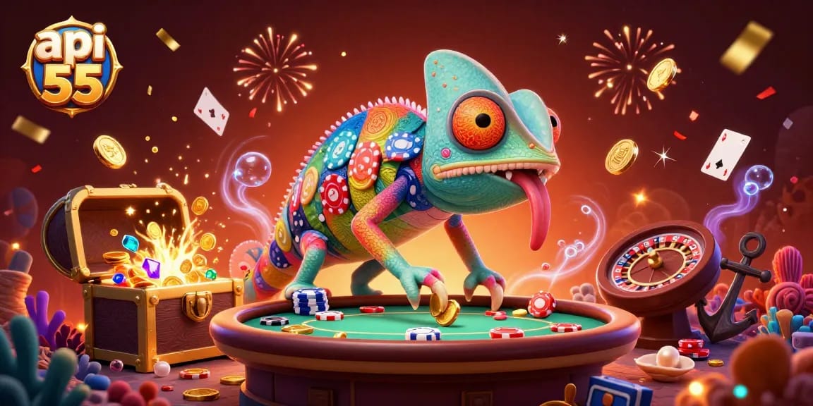 Play and win with api 55 as the vibrant chameleon casino owner captures gold coins in a dynamic scene.
