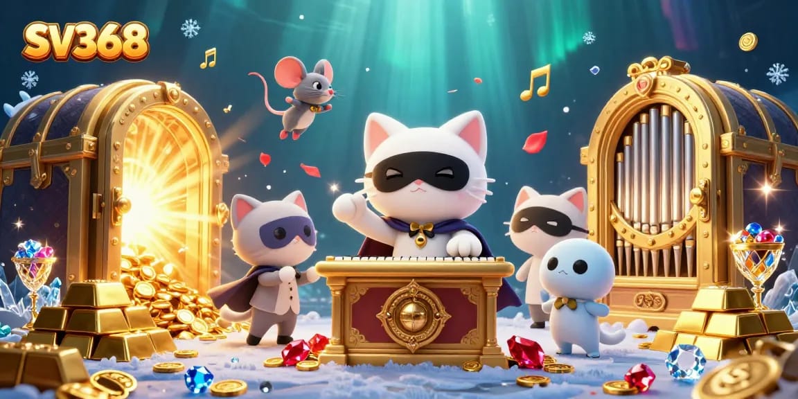 Experience thrilling gameplay at SV368 with a vibrant casino scene featuring animated characters and rich treasures.