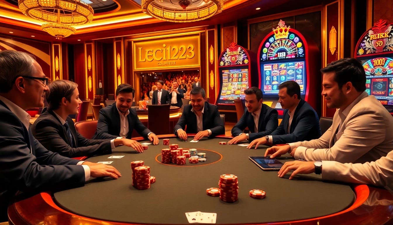 Thrilling poker game and elegant casino setting featuring leci123 elements and vibrant slot machine.