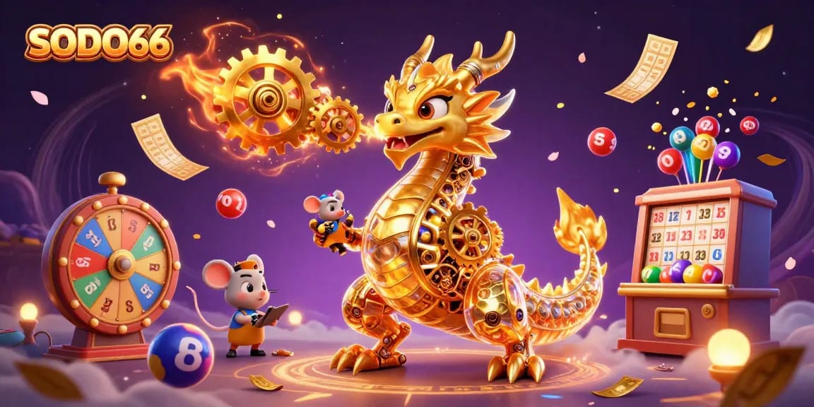 Experience the excitement of SODO66 with a vibrant 3D illustration of casino elements and a golden dragon.