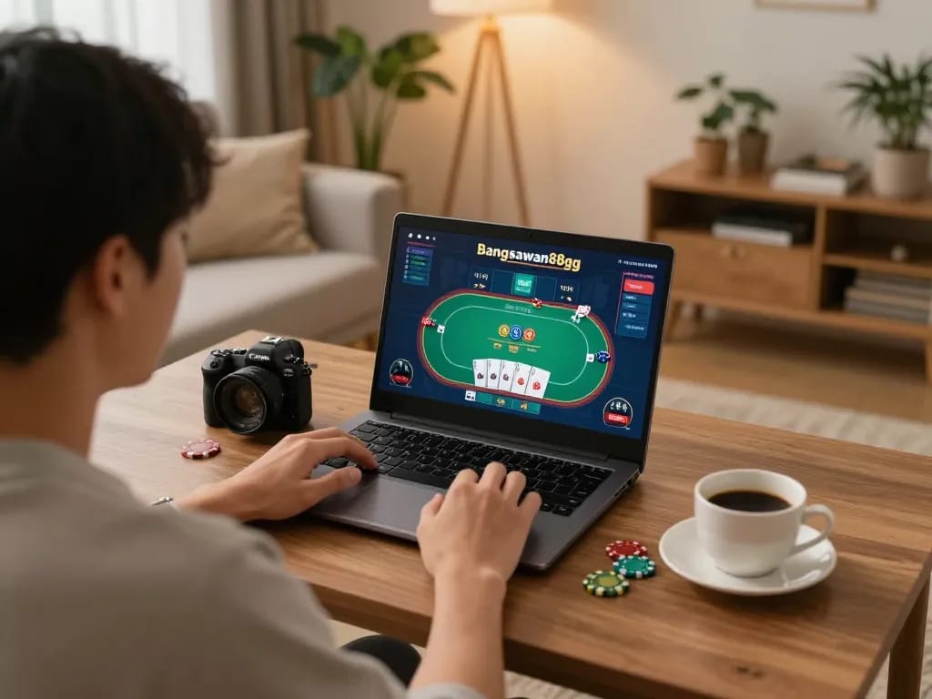 Bangsawan88gg player engaging in online casino poker at home with focused strategy.