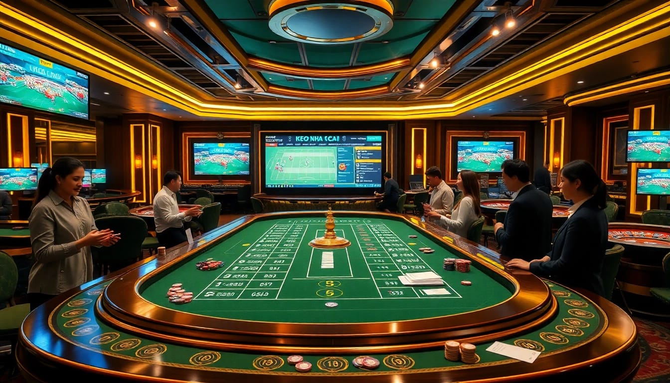 Exciting scene of gamblers engaging with keo nha cai bets at a luxury casino.