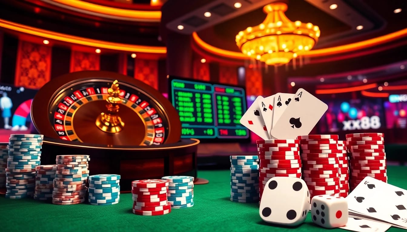 Experience the excitement of xx88 with a vibrant casino scene featuring roulette and poker chips.